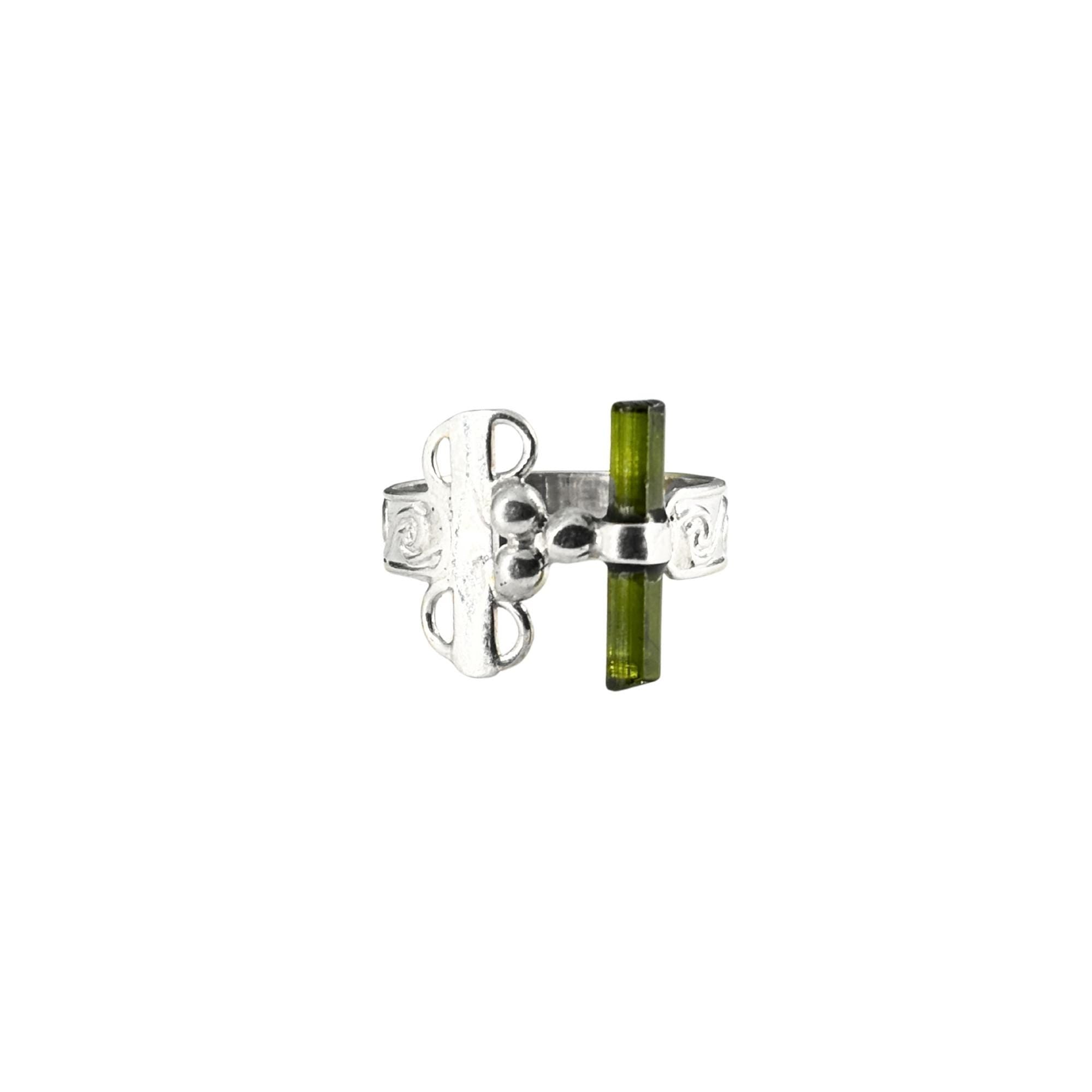 Raw Green Tourmaline Bar Ring: Adjustable Sterling Silver Boho Jewelry