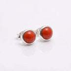 Red Coral Stud Earrings 925 Sterling Silver | Round Gemstone Studs | January Birthstone | Minimalist Jewelry