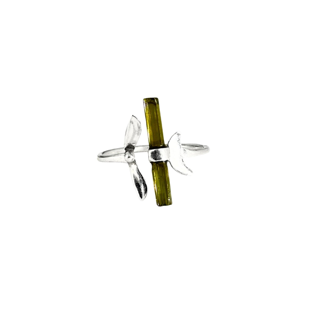 Raw Green Tourmaline Bar Ring: Adjustable Sterling Silver Boho Jewelry