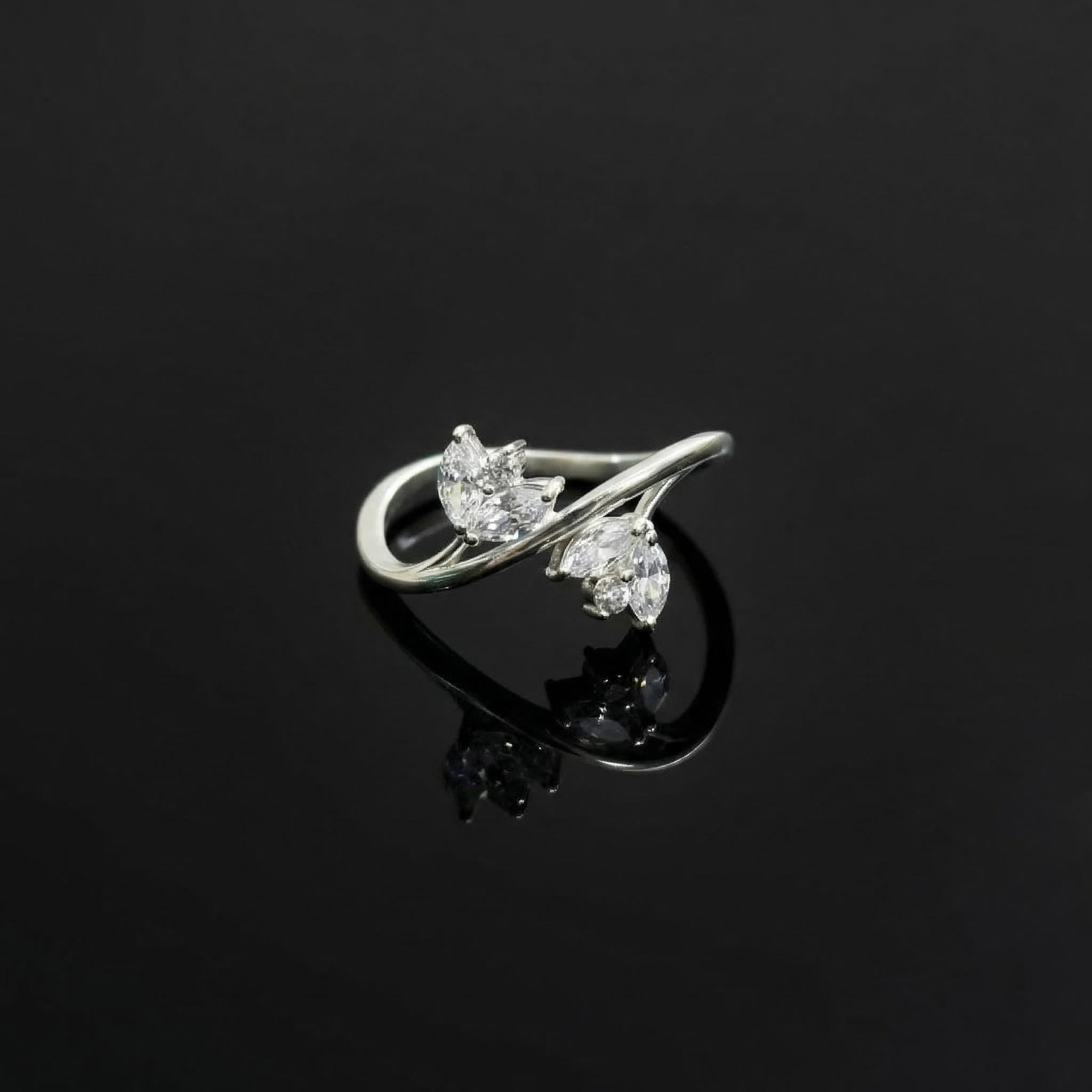 Sterling Silver Pear CZ Ring, Dual Pavé Teardrop Open Band, Nature Stacker Jewelry