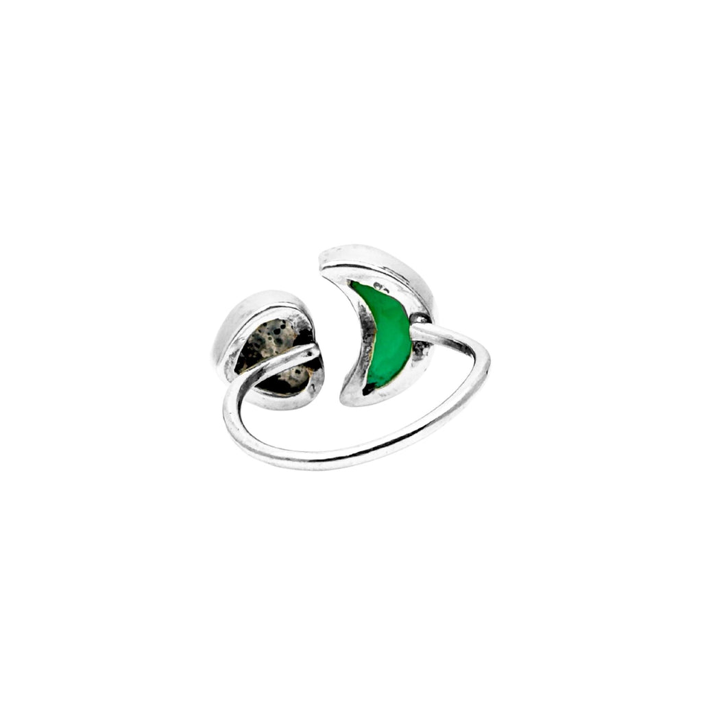 Sterling Silver Green Onyx Moon & Heart Ring: Adjustable Gemstone Band