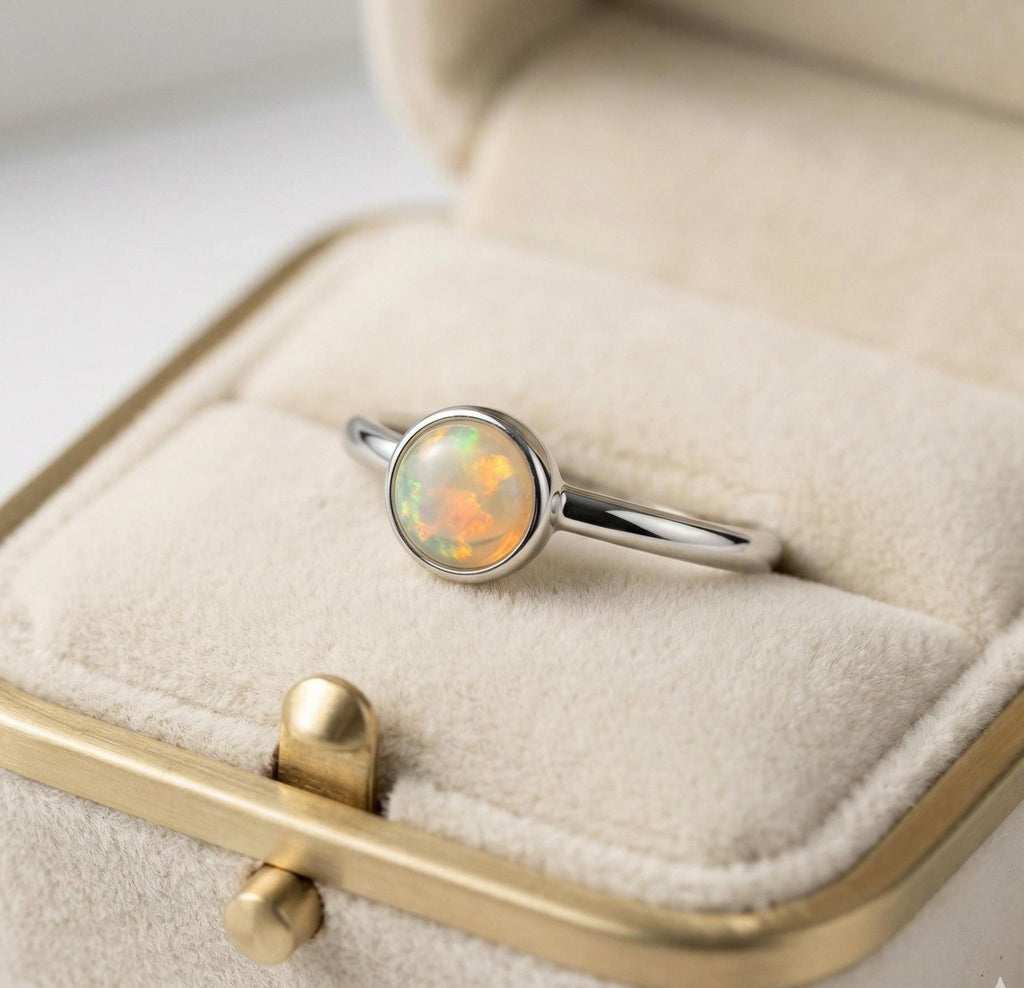 Opal Round Ring – 925 Sterling Silver, Natural Opal Cabochon, Handmade Statement Jewelry