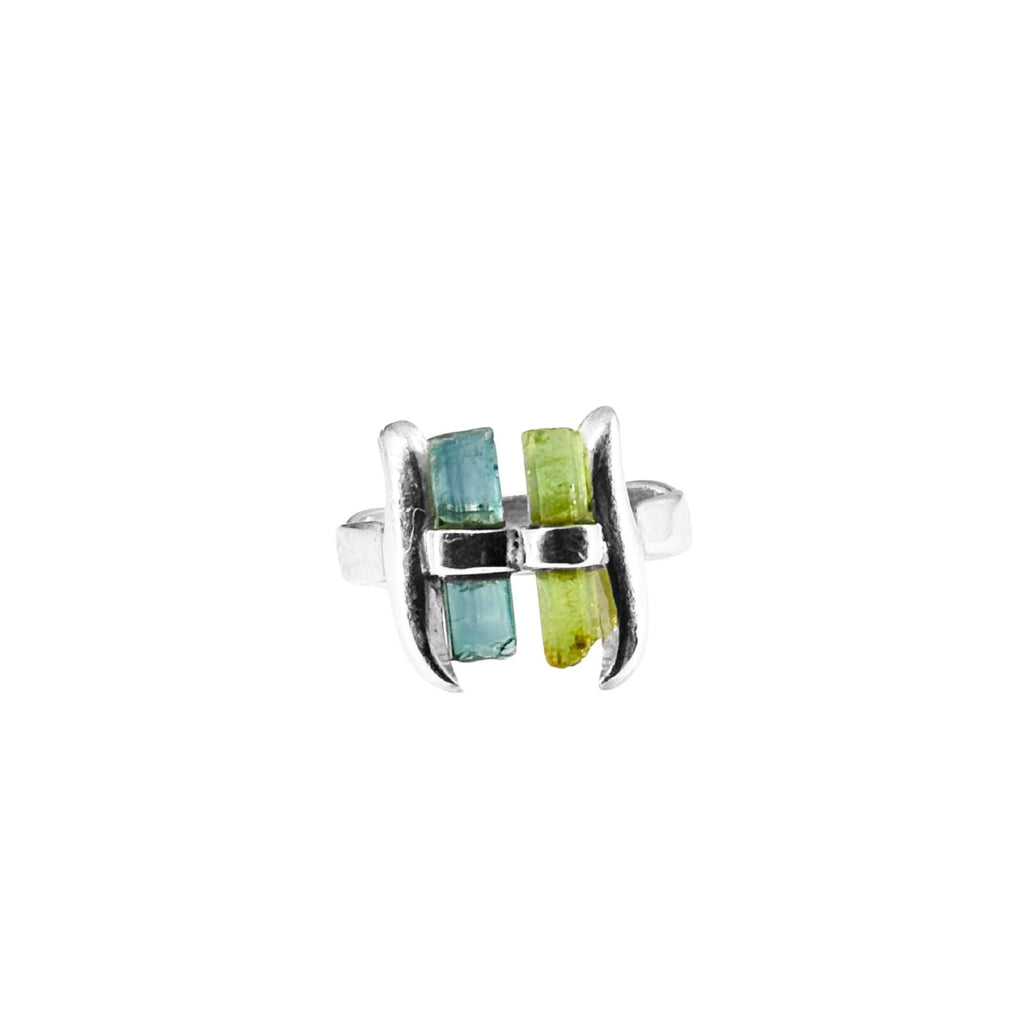 Raw Green & Blue Tourmaline Sterling Silver Ring: Modern Stacking Jewelry
