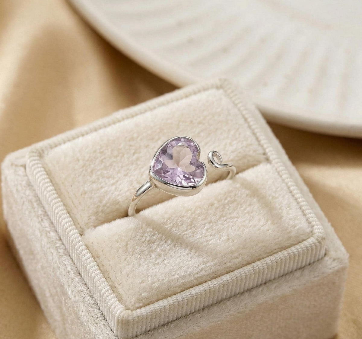 Amethyst Heart Adjustable Sterling Silver Ring: Handmade February Birthstone