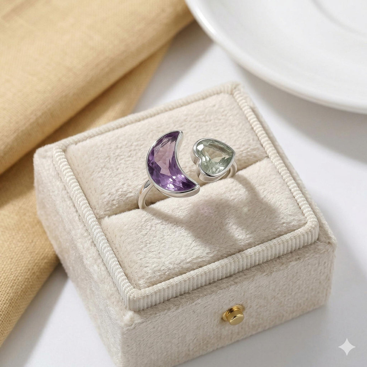 Amethyst Moon & Heart Ring: 925 Sterling Silver Celestial Jewelry