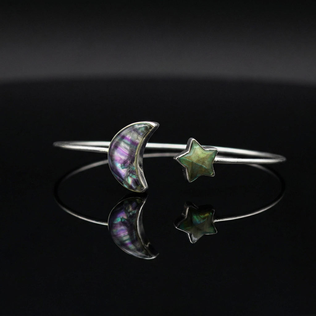 Natural Labradorite Fluorite Bangle | 925 Sterling Silver | Gemstone Bracelet | Handmade in Jaipur