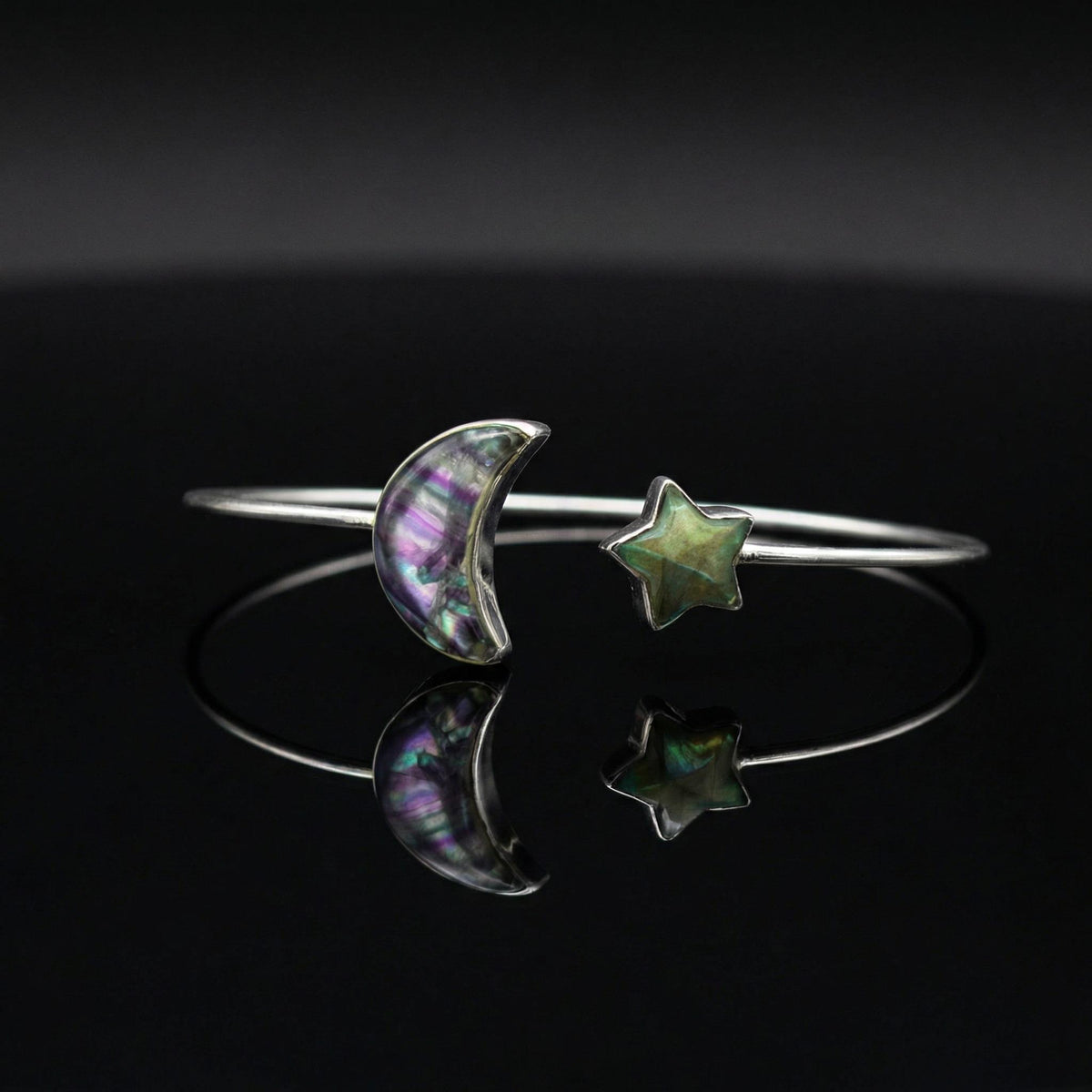 Natural Labradorite Fluorite Bangle | 925 Sterling Silver | Gemstone Bracelet | Handmade in Jaipur