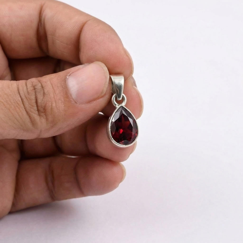 Pear Garnet Sterling Silver Pendant – January Birthstone Teardrop Charm