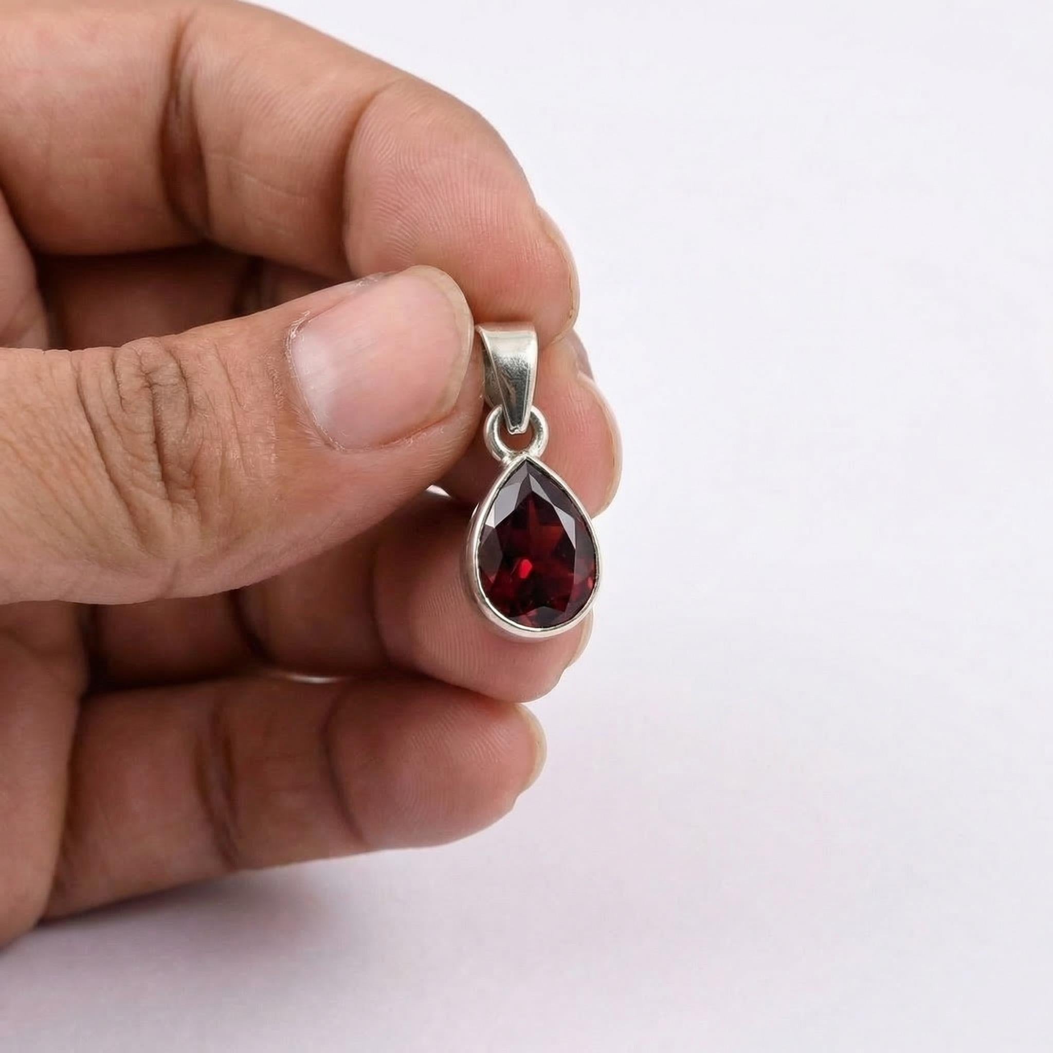 Pear Garnet Sterling Silver Pendant – January Birthstone Teardrop Charm