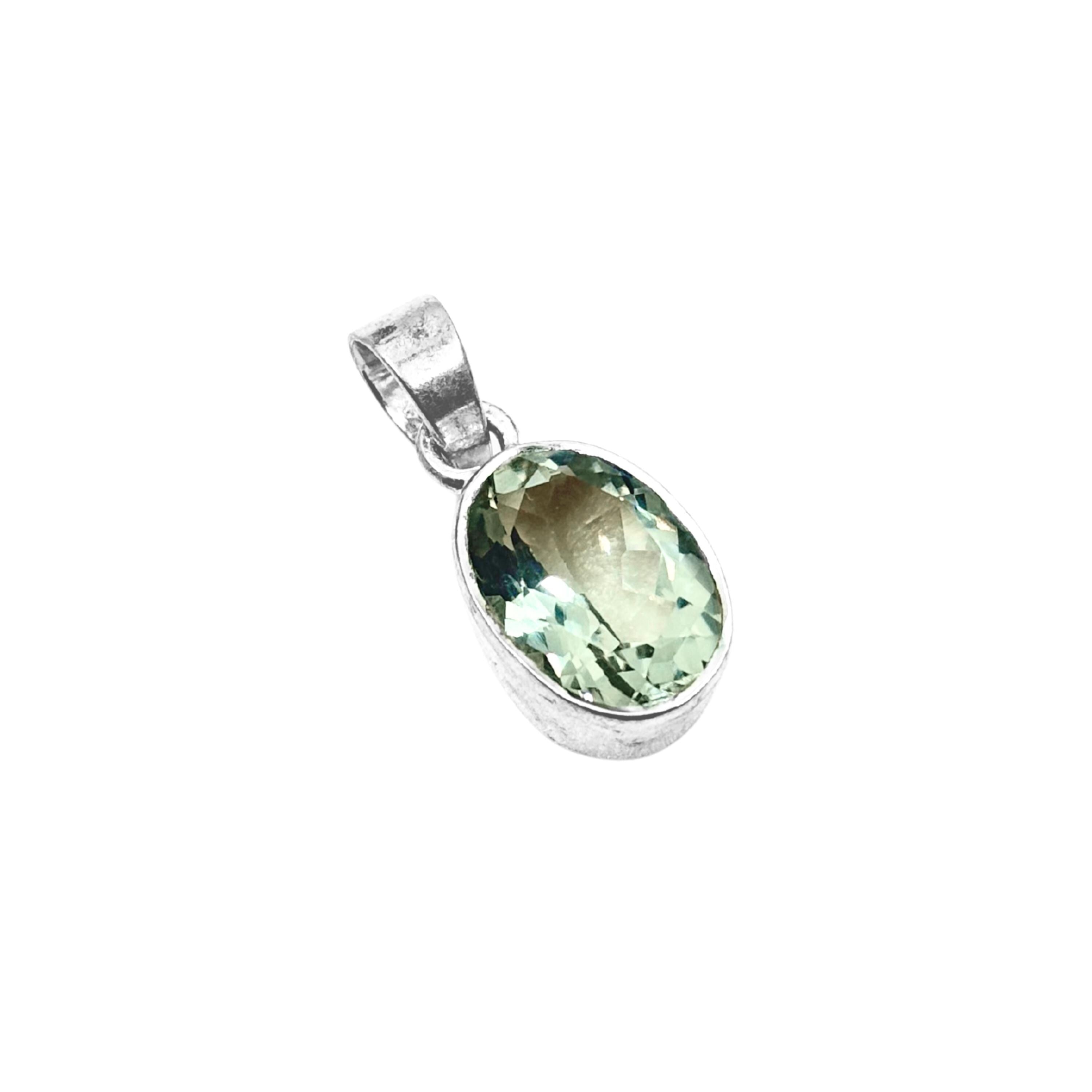 Green Amethyst Oval Pendant in 925 Sterling Silver – Faceted Solitaire Necklace Charm, Minimalist Light Green Gemstone Jewelry Gift for Her