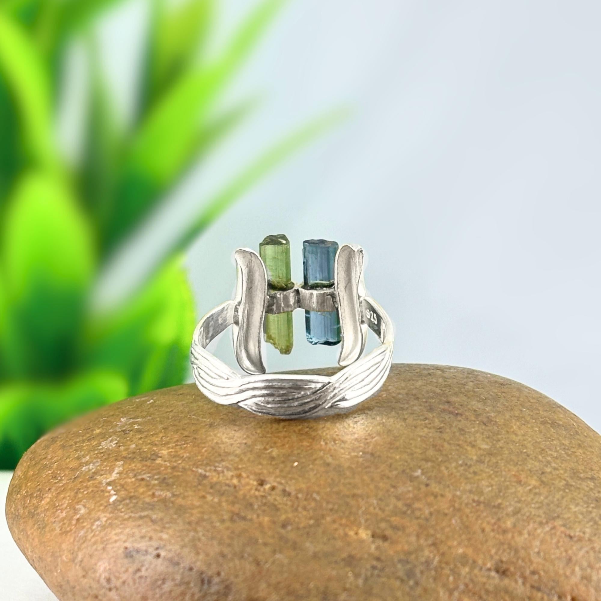 Raw Green & Blue Tourmaline Sterling Silver Ring: Modern Stacking Jewelry