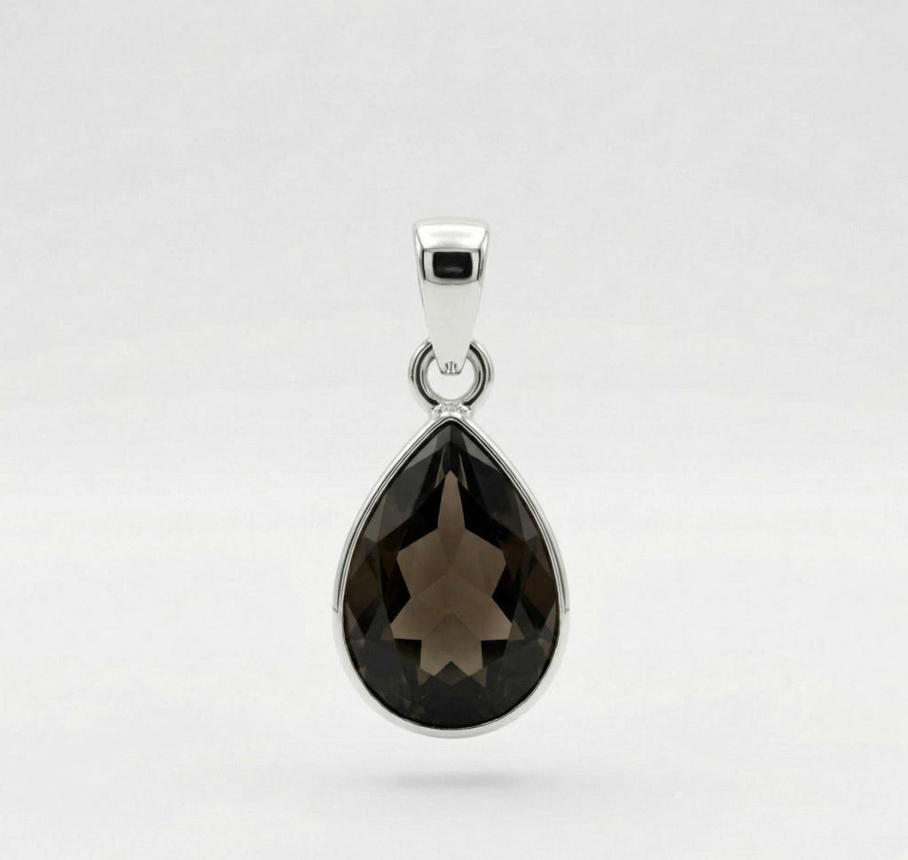 Faceted Smoky Quartz Teardrop Sterling Silver Pendant - Natural Pear Gemstone