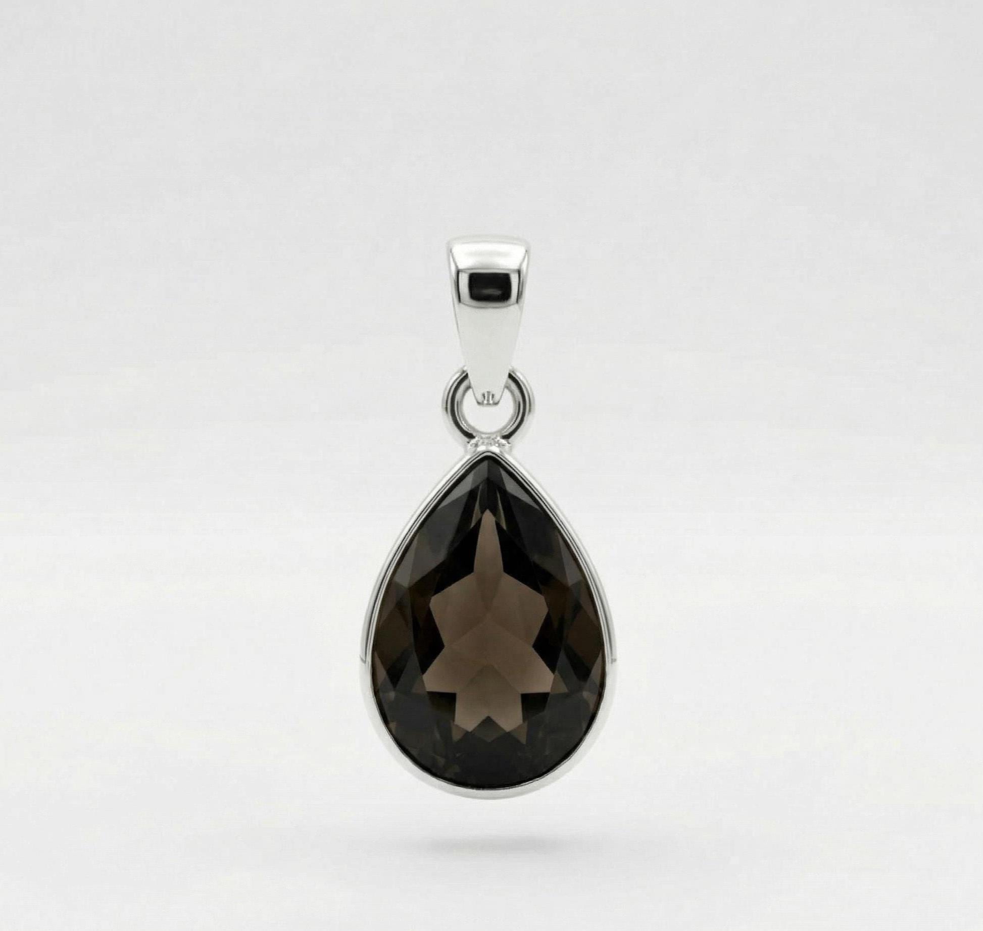 Faceted Smoky Quartz Teardrop Sterling Silver Pendant - Natural Pear Gemstone