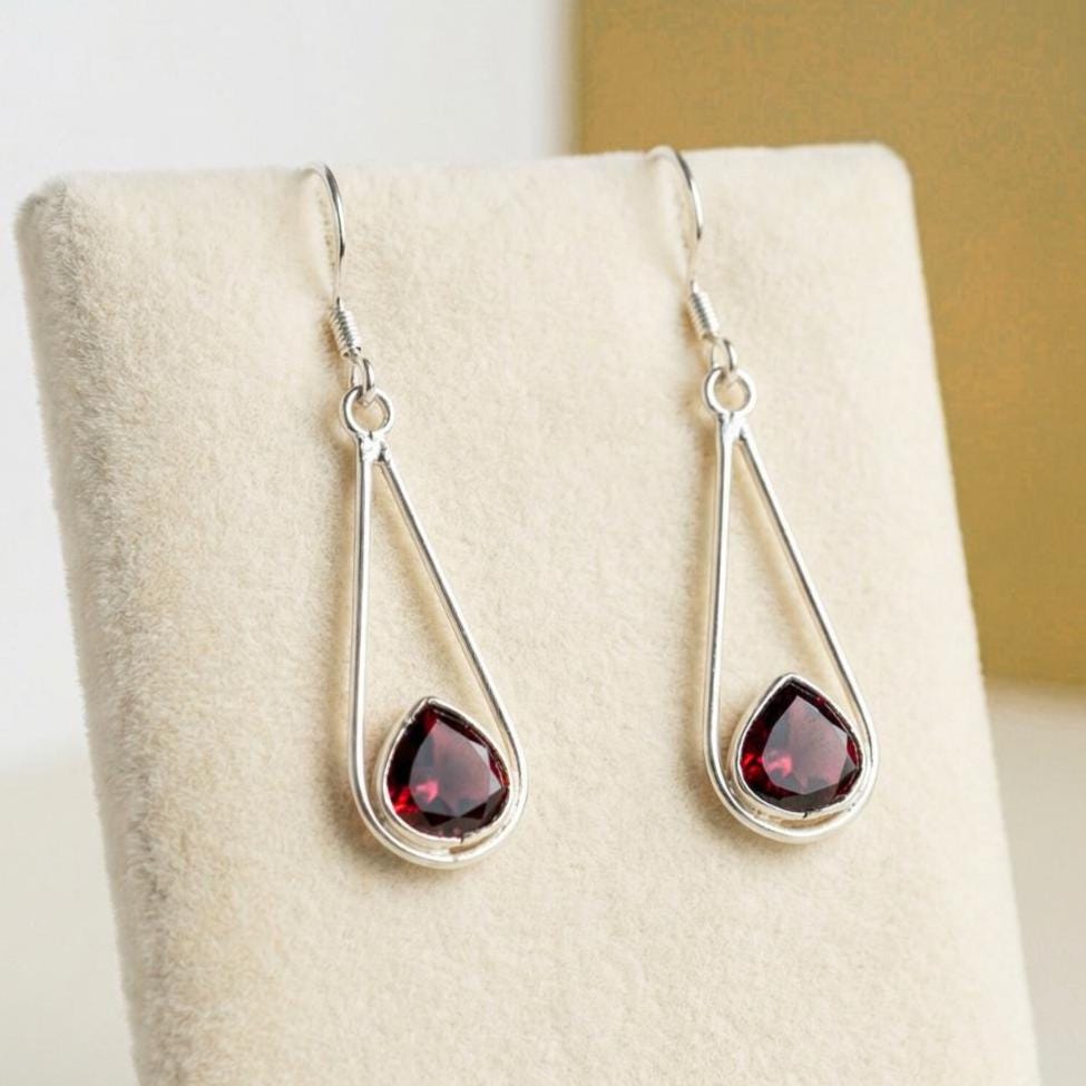 Garnet Drop Earrings 925 Sterling Silver | Pan Teardrop Gemstone Dangle | January Birthstone | Handmade Jewelry