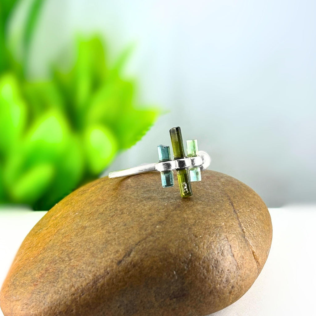 Raw Multi-Tourmaline Bar Sterling Silver Ring | Handmade Gemstone Stacking Ring | Minimalist Open Band Jewelry