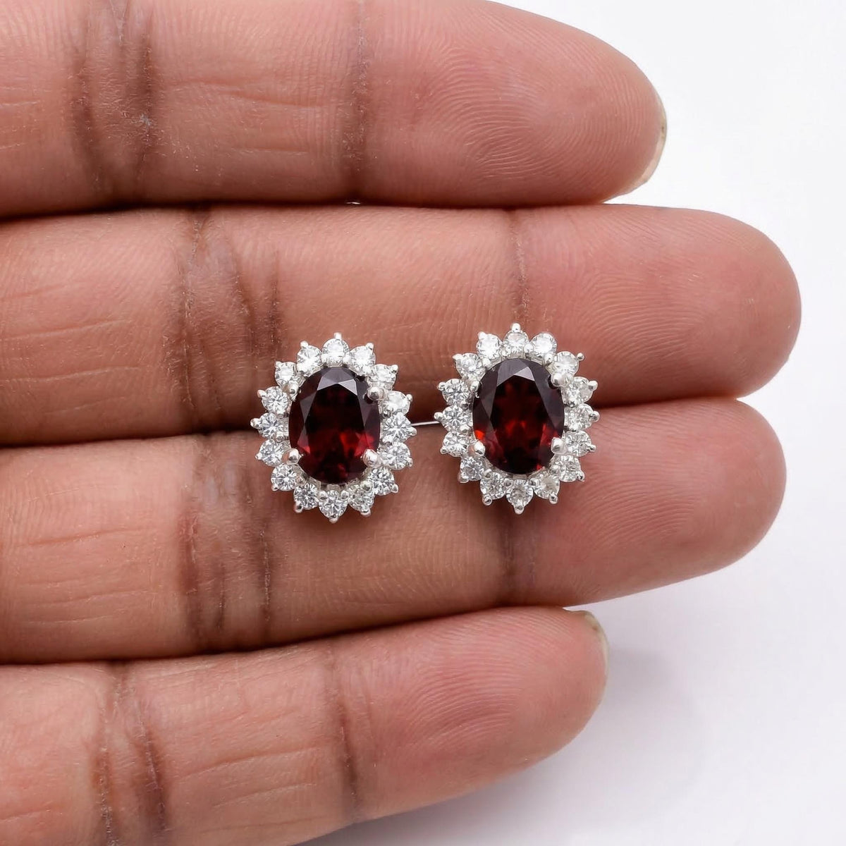 Garnet CZ Stud Earrings 925 Sterling Silver | Oval Gemstone Studs | January Birthstone | Handmade Jewelry