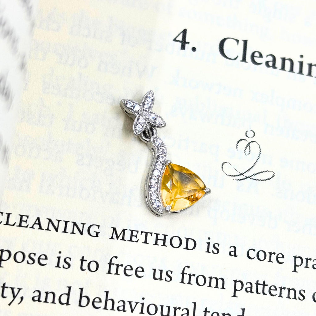 Citrine Trillion Pendant – Sterling Silver CZ Flower Drop, November Birthstone