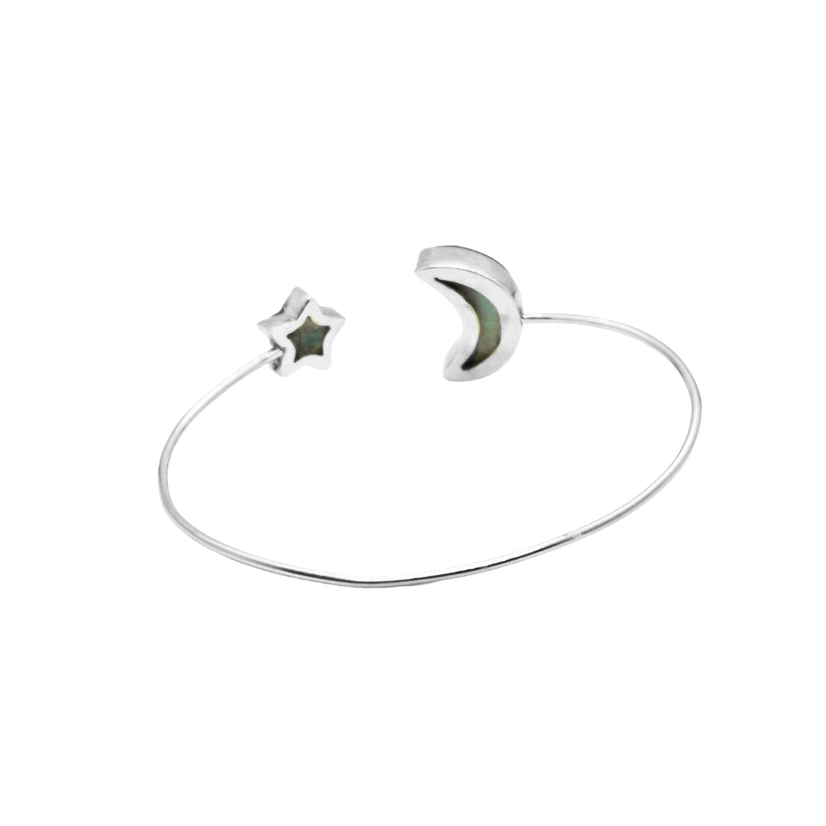 Sterling Silver Labradorite Moon Star Cuff Bangle | Celestial Boho Adjustable Bracelet