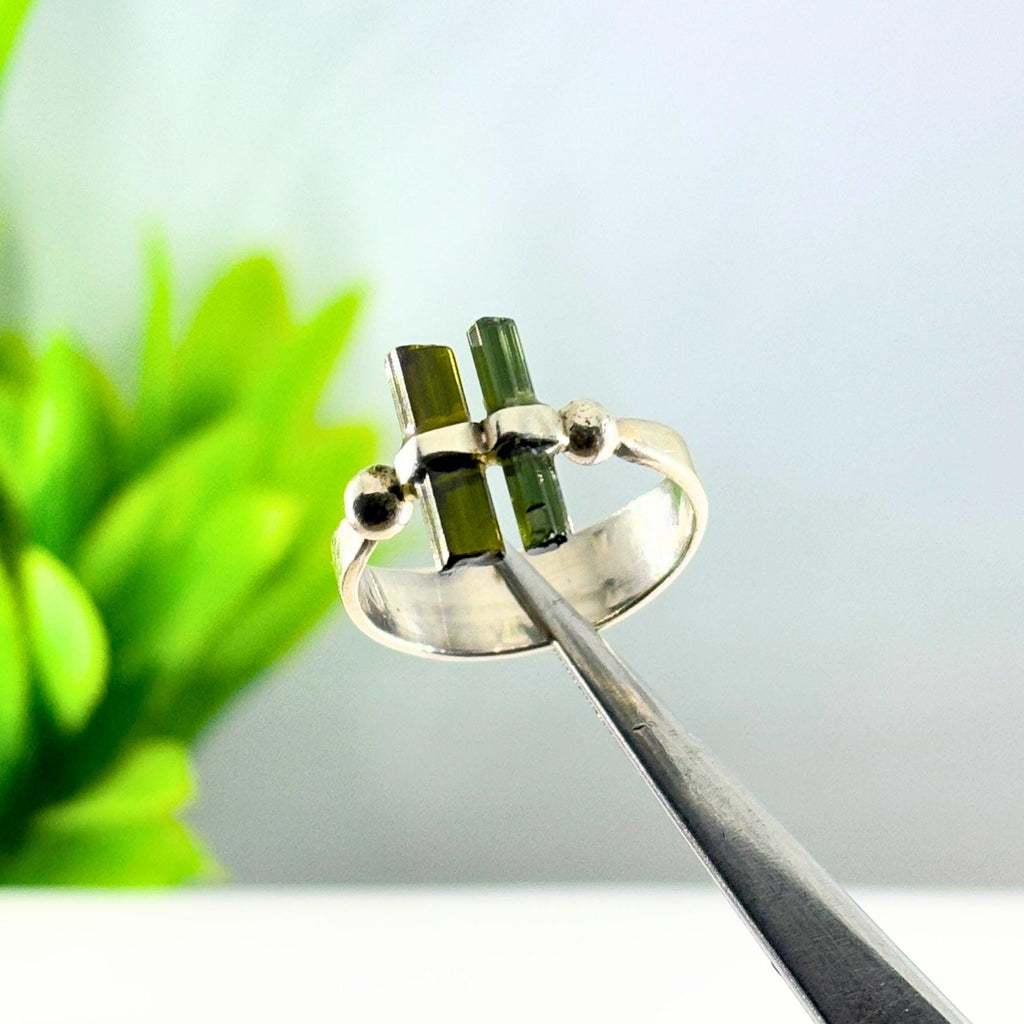 Raw Green Tourmaline Bar Sterling Silver Ring | Handmade Gemstone Stacking Ring | Minimalist Modern Jewelry