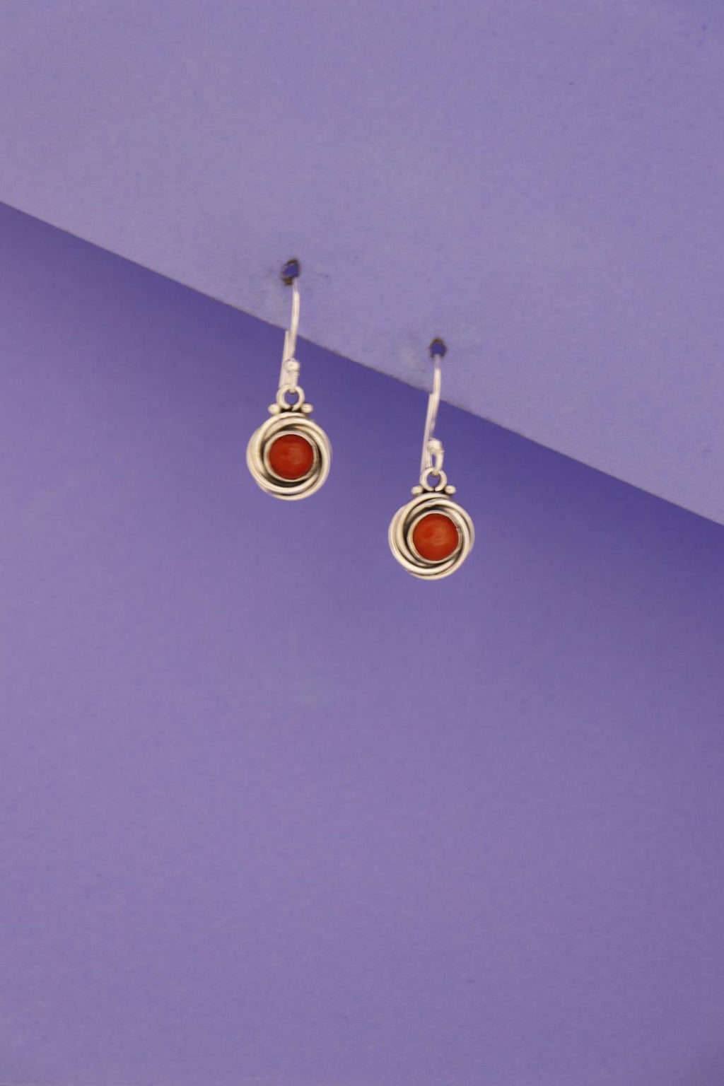 Red Coral Spiral Bezel Drop Earrings | Sterling Silver Boho Dangle Jewelry