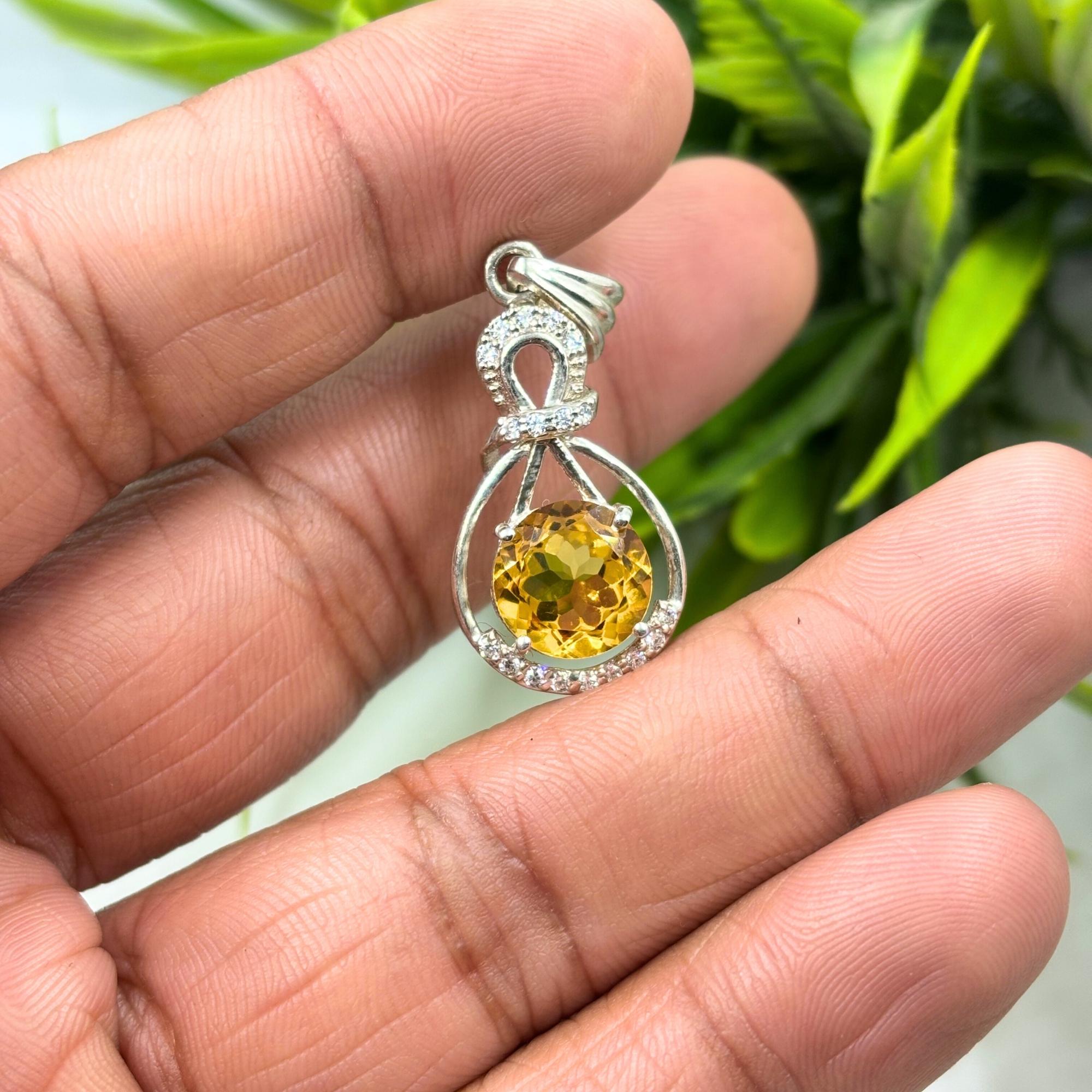 Citrine Halo Pendant - Sterling Silver, November Birthstone Jewelry