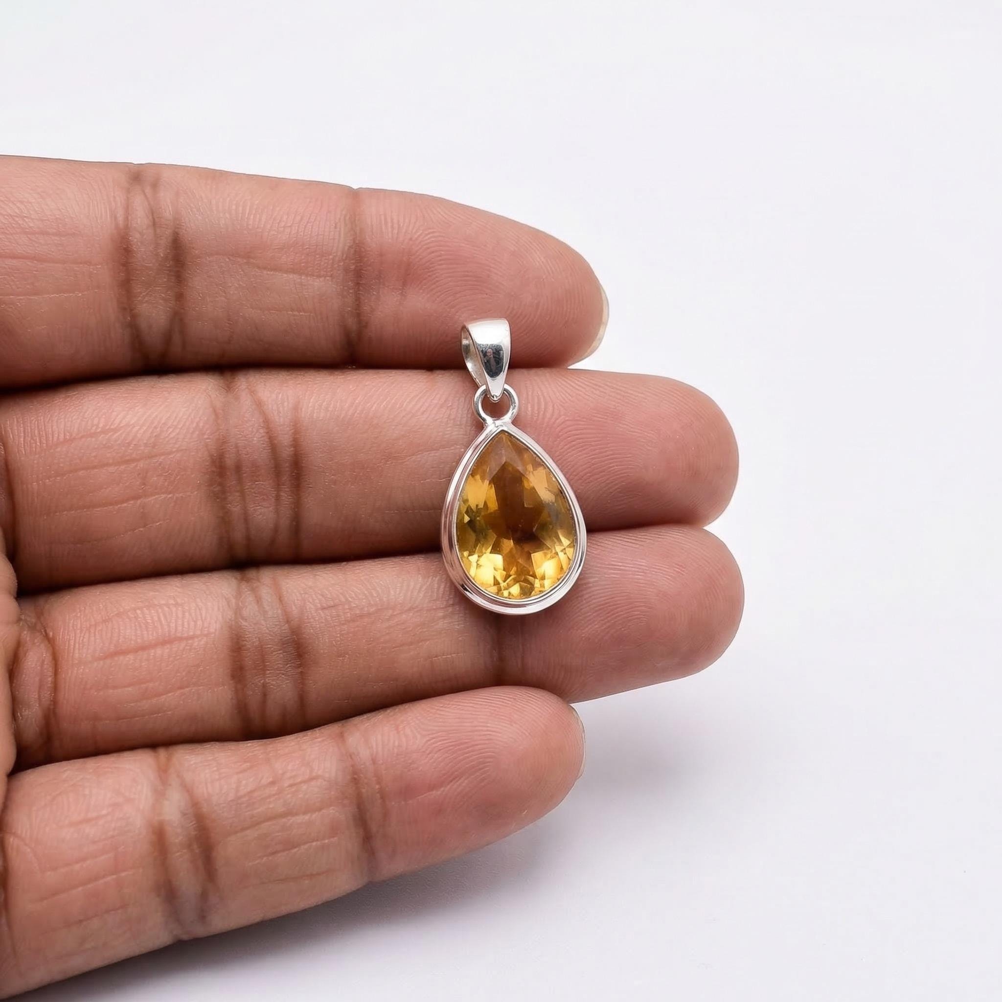Pear Citrine Sterling Silver Pendant – November Birthstone Golden Teardrop Charm