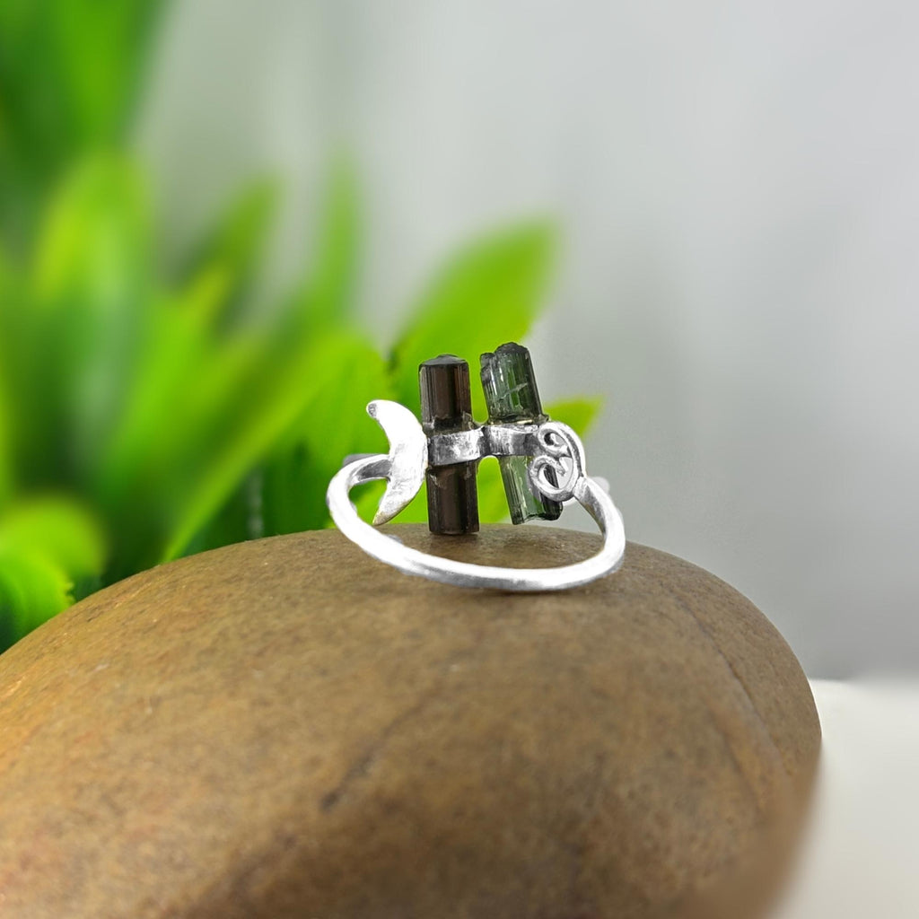Raw Tourmaline Bar Ring: Sterling Silver Open Band, Green & Blue