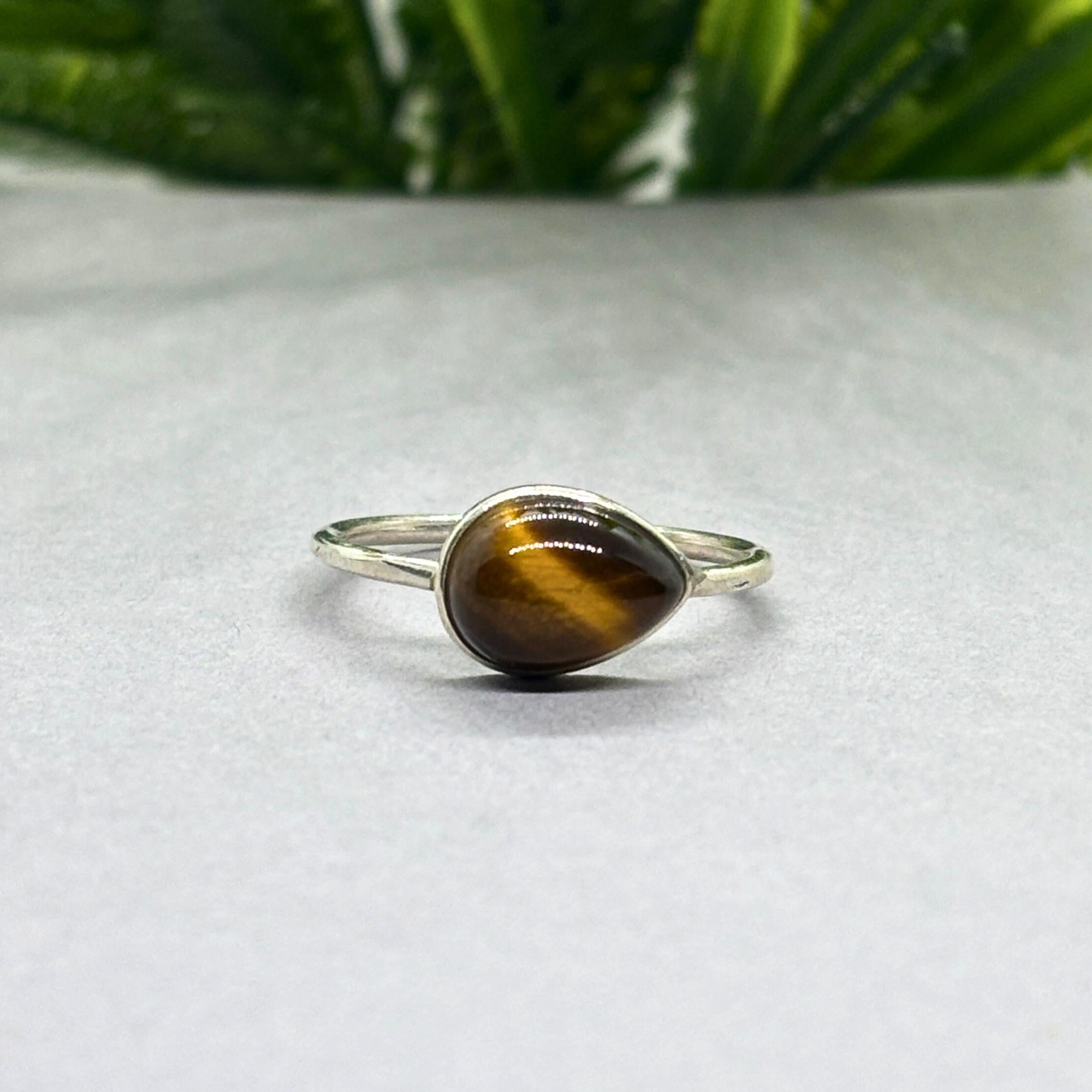 Tiger Eye Pear Ring: 925 Sterling Silver Boho Gemstone