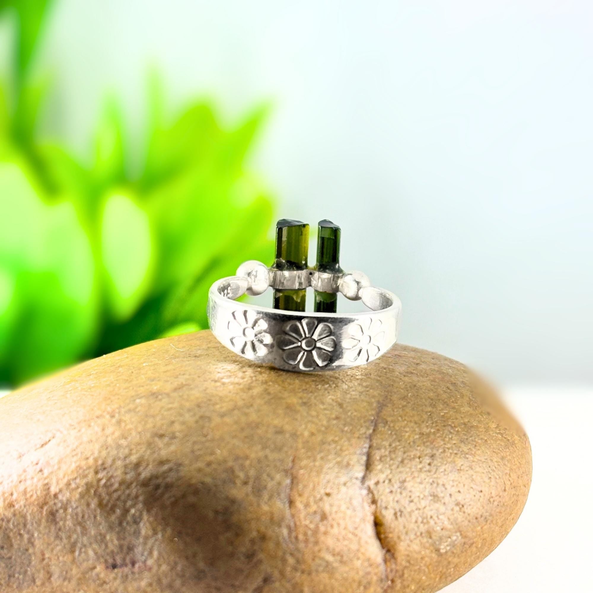 Raw Green Tourmaline Bar Sterling Silver Ring | Handmade Gemstone Stacking Ring | Minimalist Modern Jewelry