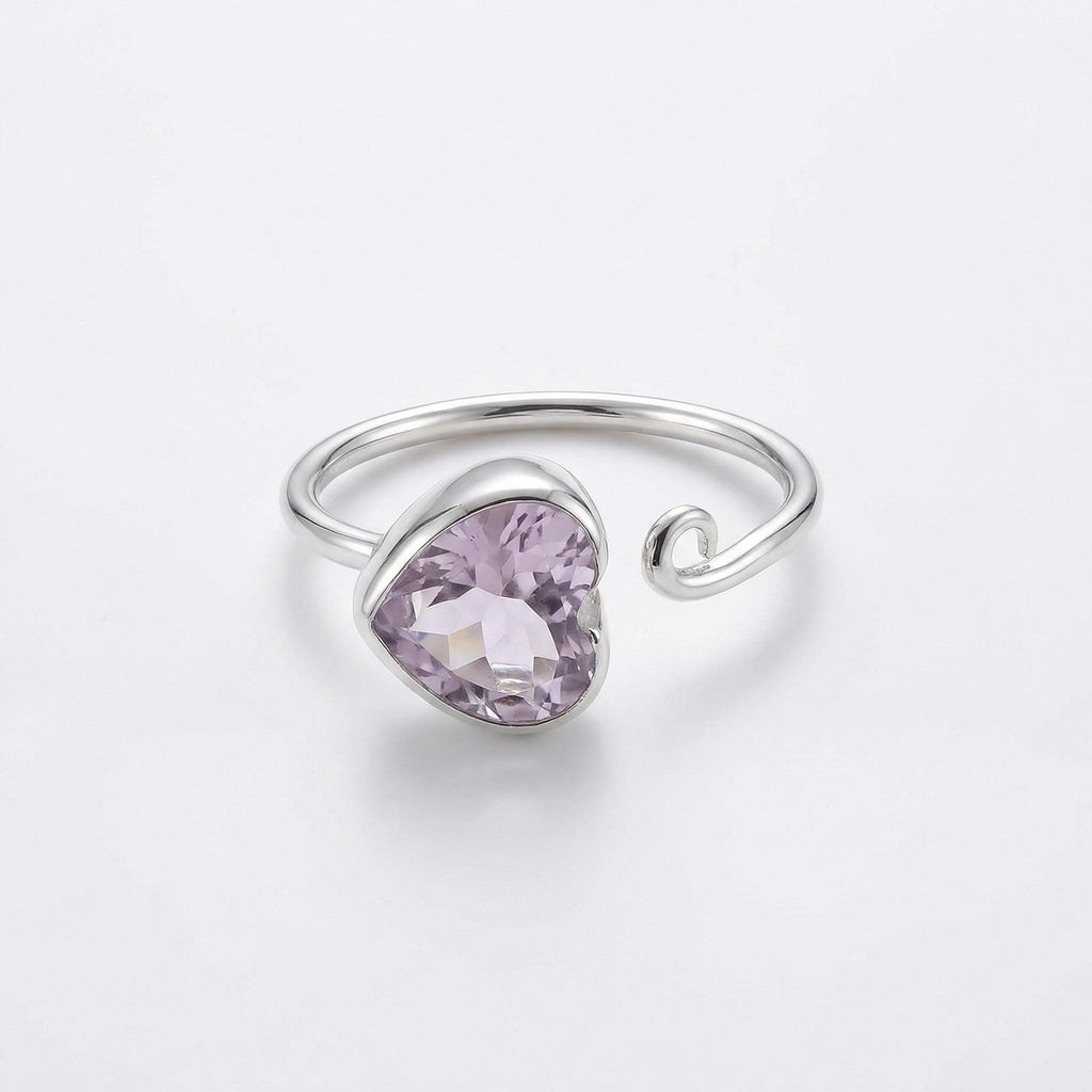 Amethyst Heart Adjustable Sterling Silver Ring: Handmade February Birthstone