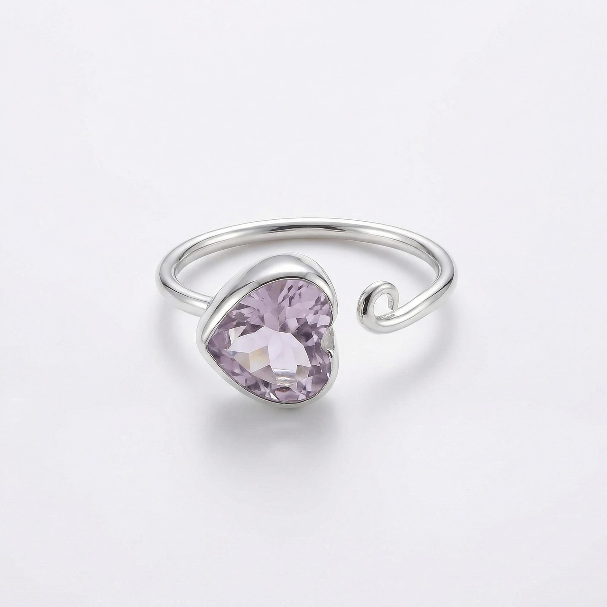Amethyst Heart Adjustable Sterling Silver Ring: Handmade February Birthstone