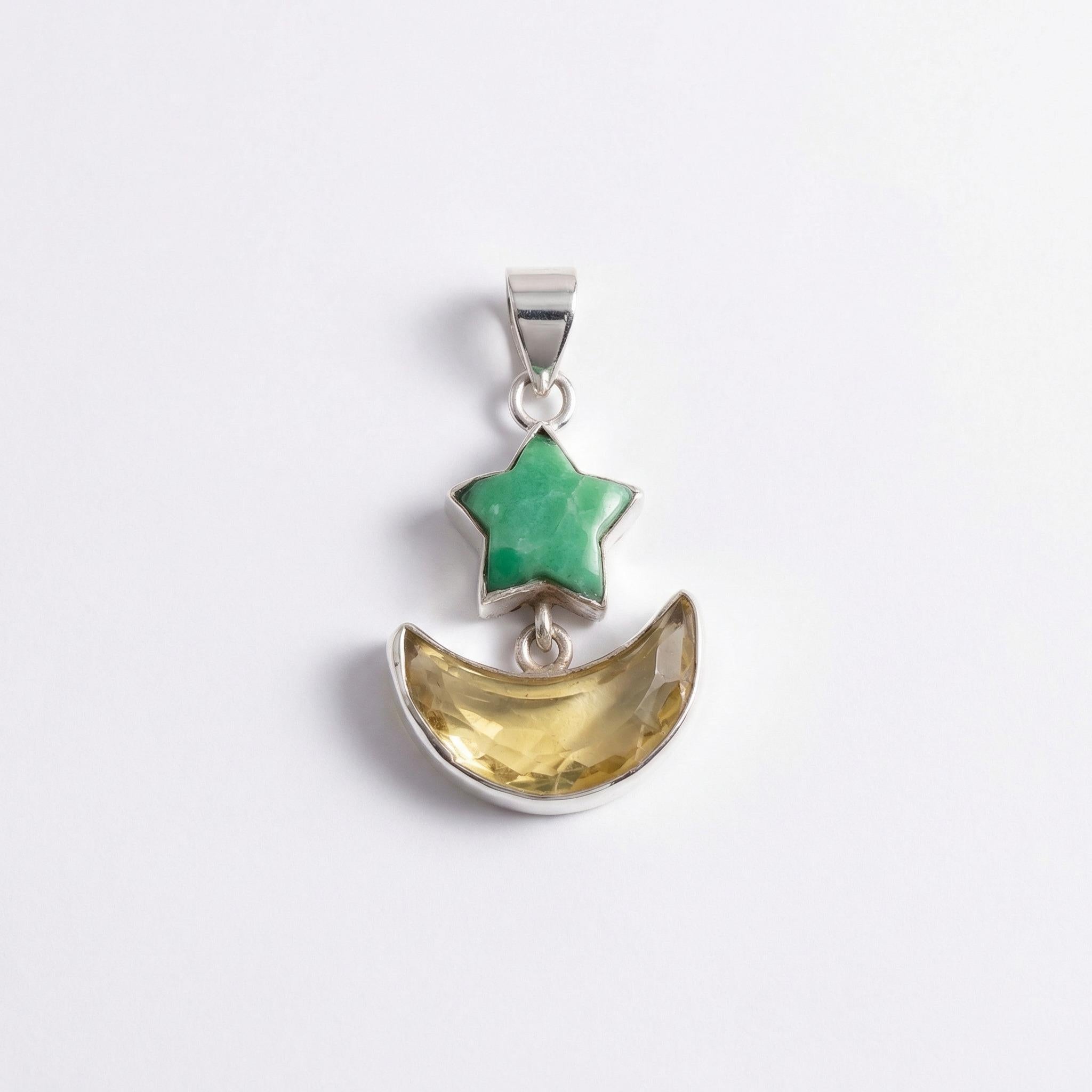 Star & Lemon Topaz Moon Pendant: Sterling Silver Celestial Charm