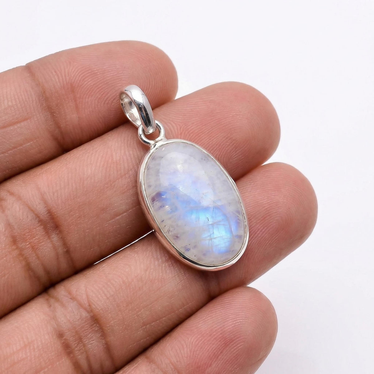 Oval Rainbow Moonstone Pendant – Sterling Silver Boho Gemstone Necklace
