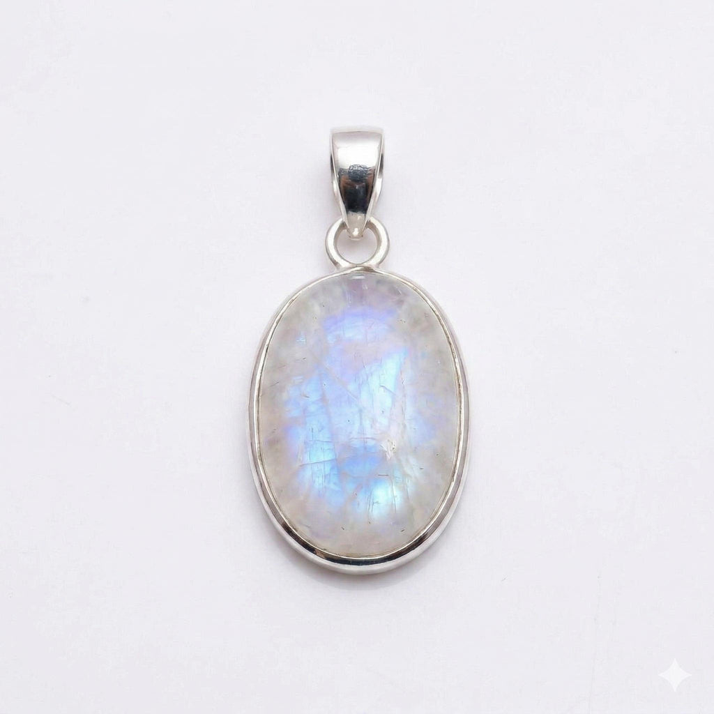 Oval Rainbow Moonstone Pendant – Sterling Silver Boho Gemstone Necklace