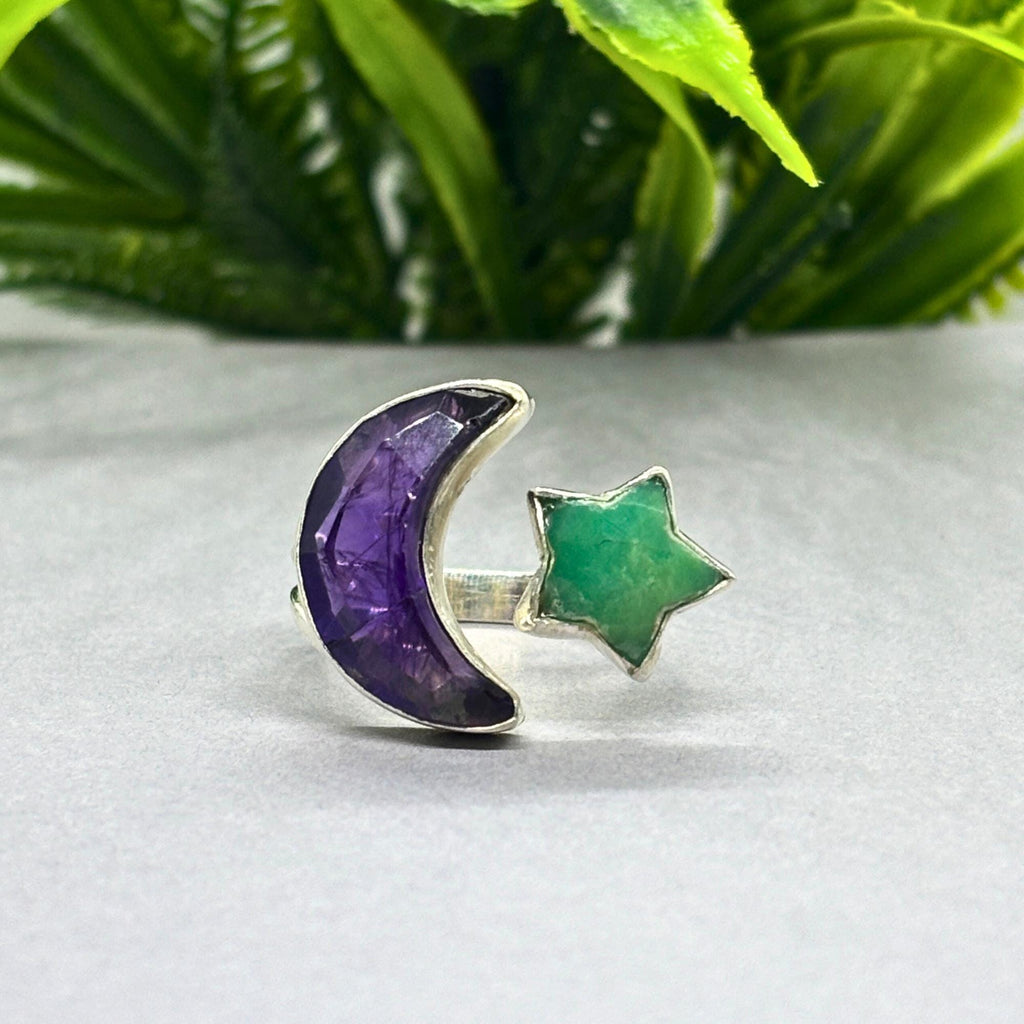 Natural Amethyst & Onyx Ring | 925 Sterling Silver | Celestial Gemstone Band | Handmade Ring Jaipur