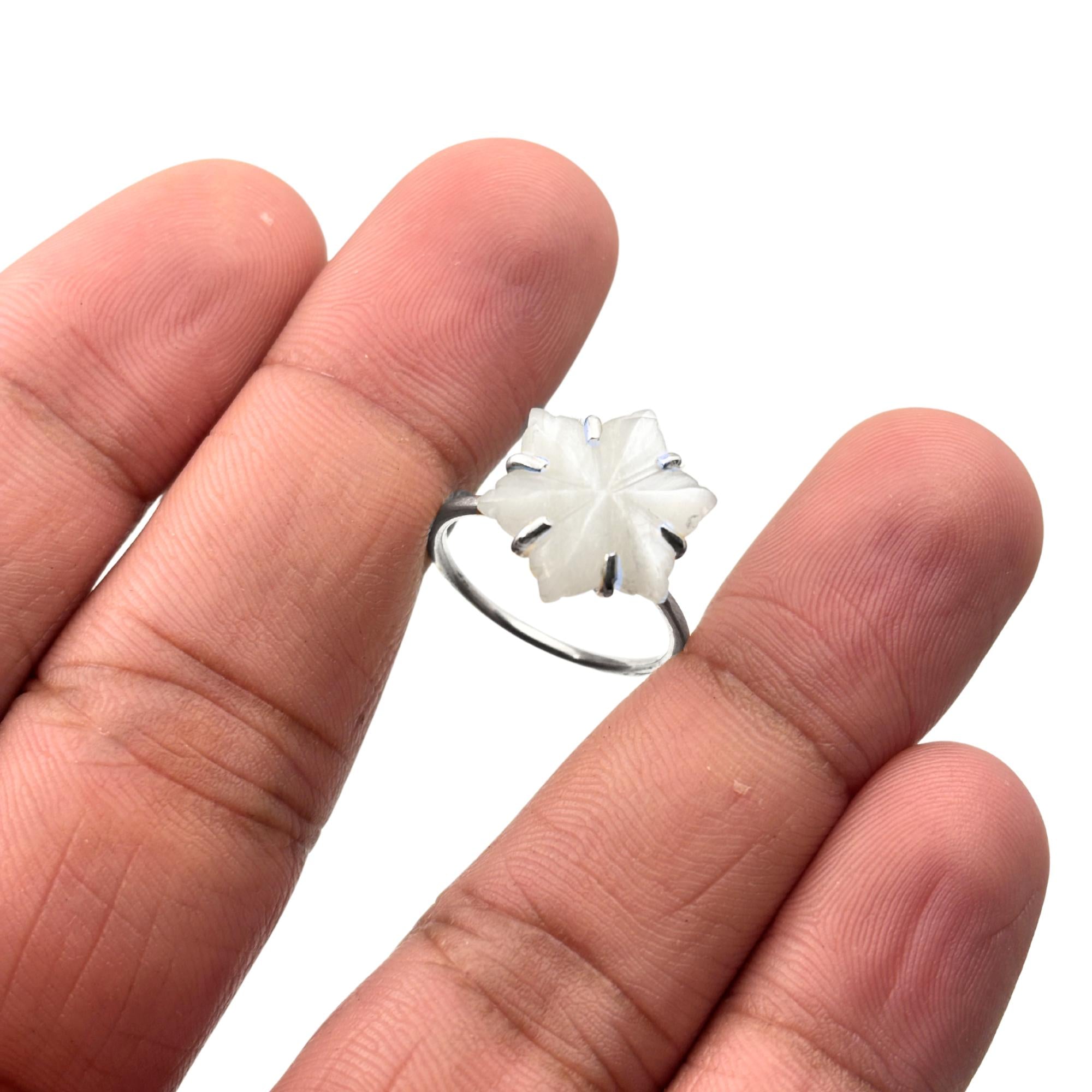 Carved Mother of Pearl Flower Ring: Sterling Silver Boho Jewelry