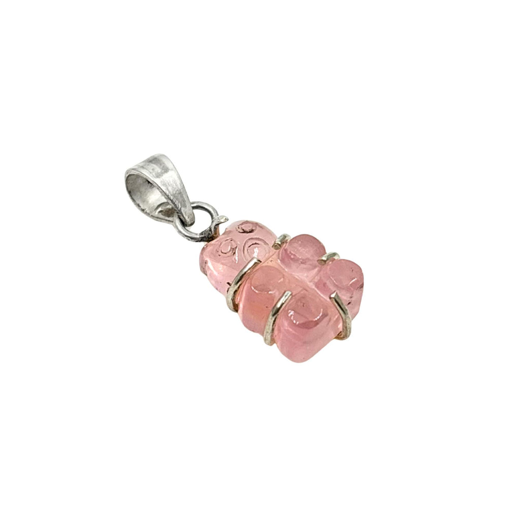 Rose Quartz Teddy Bear Pendant - Sterling Silver Carved Gemstone Charm