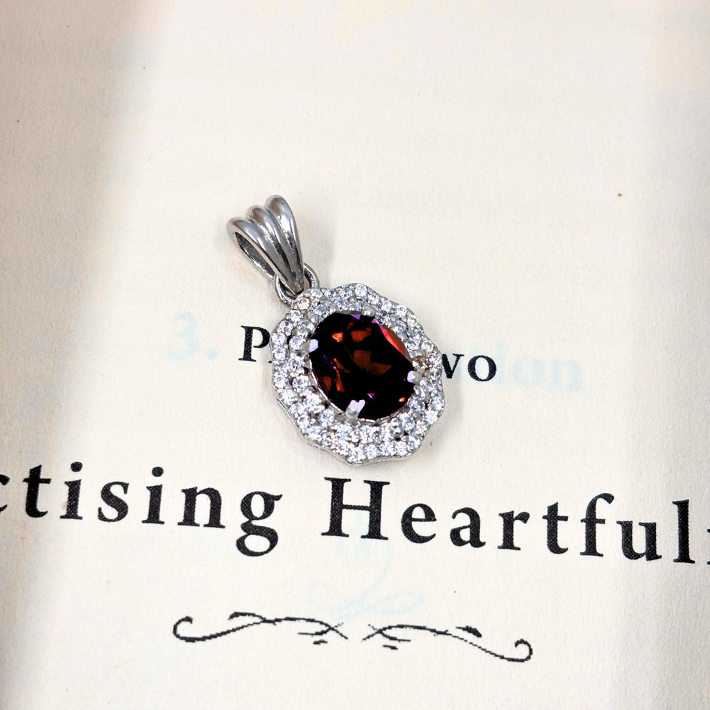 Garnet CZ Double Halo Pendant in 925 Sterling Silver – Luxe Oval Red Gemstone Necklace, Sparkling January Birthstone Jewelry Gift for Her