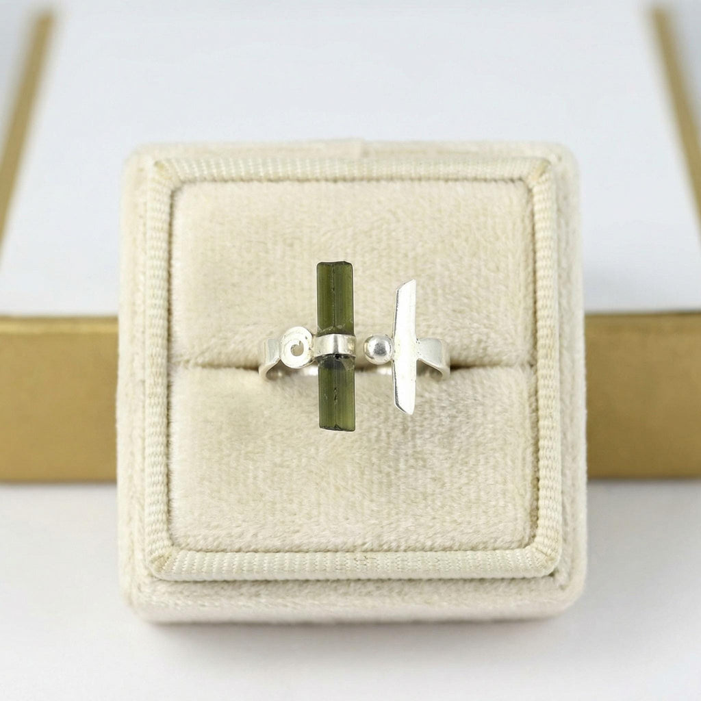 Raw Green Tourmaline Bar Sterling Silver Ring | Handmade Stacking Ring | Minimalist Gemstone Jewelry Gift