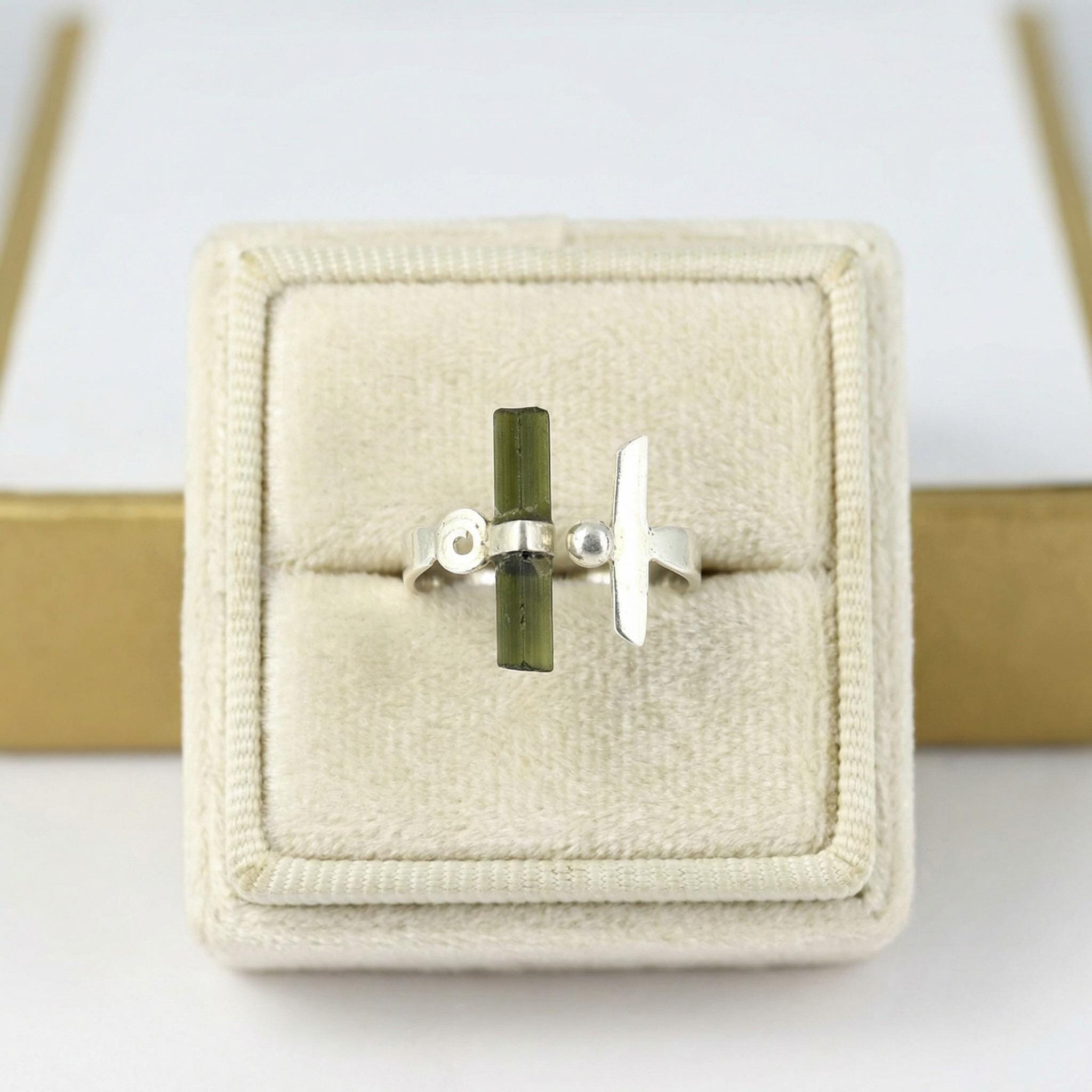 Raw Green Tourmaline Bar Sterling Silver Ring | Handmade Stacking Ring | Minimalist Gemstone Jewelry Gift
