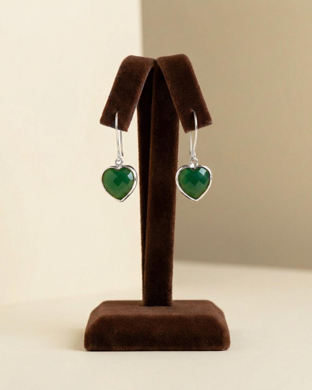 Green Onyx Heart Drop Earrings | 925 Sterling Silver Dangle Gemstone