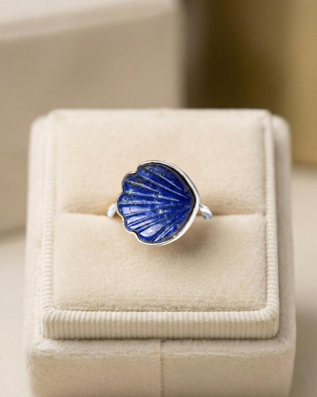 Lapis Lazuli Shell Ring: Carved Gemstone, Sterling Silver Boho Jewelry