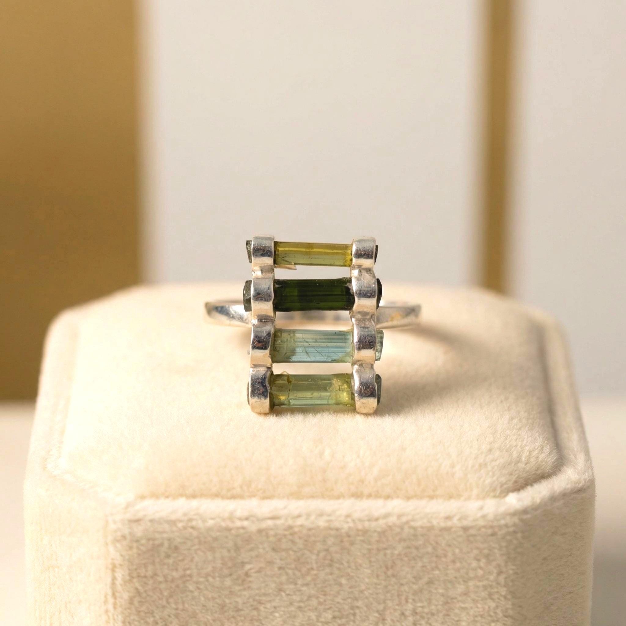 Raw Green Tourmaline Bar Ring: Sterling Silver October Birthstone