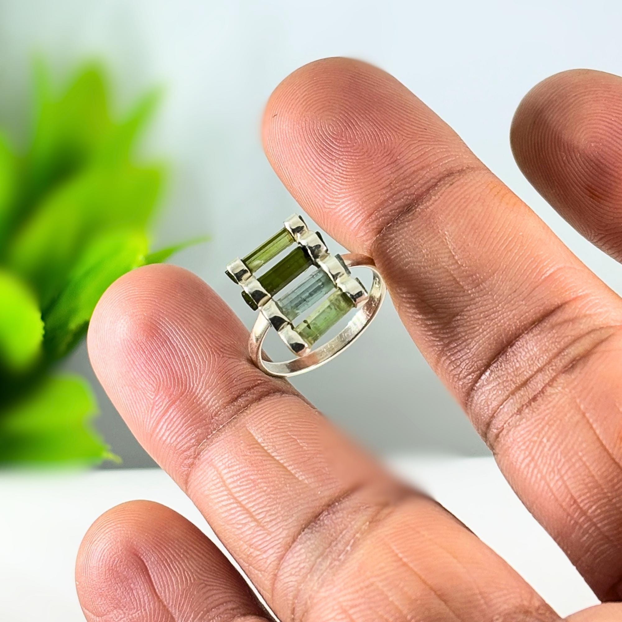 Raw Green Tourmaline Bar Ring: Sterling Silver October Birthstone