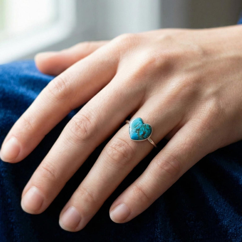 Natural Turquoise Heart Ring | 925 Sterling Silver | December Birthstone | Boho Gemstone Band | Handmade Jaipur