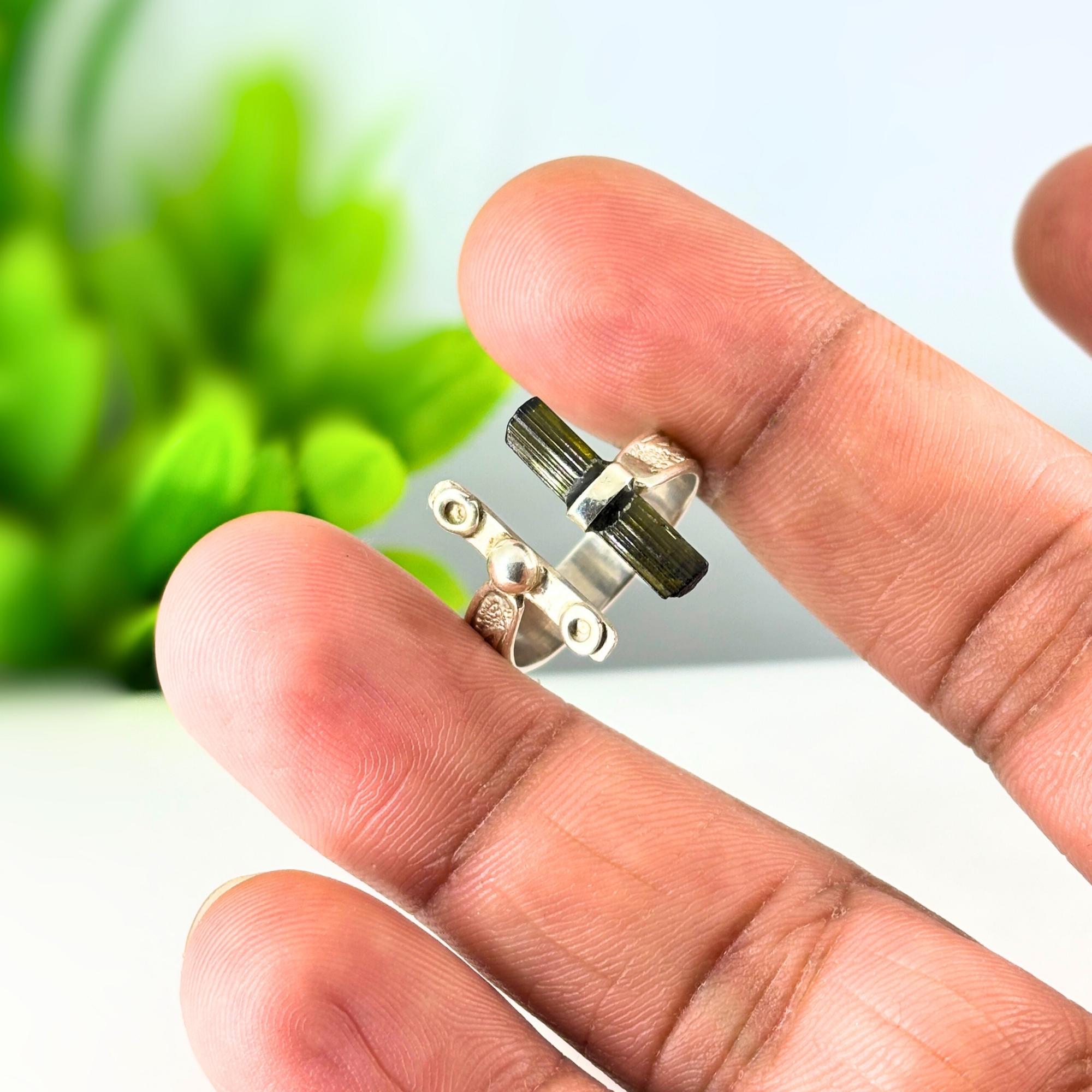 Raw Green Tourmaline Bar Ring: Adjustable Sterling Silver Boho Jewelry