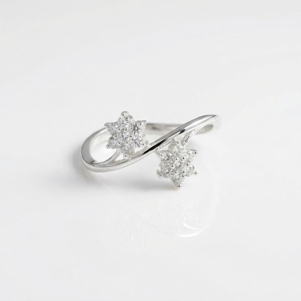 Sterling Silver Double Flower Ring, Cubic Zirconia Open Band, Dainty Floral Jewelry