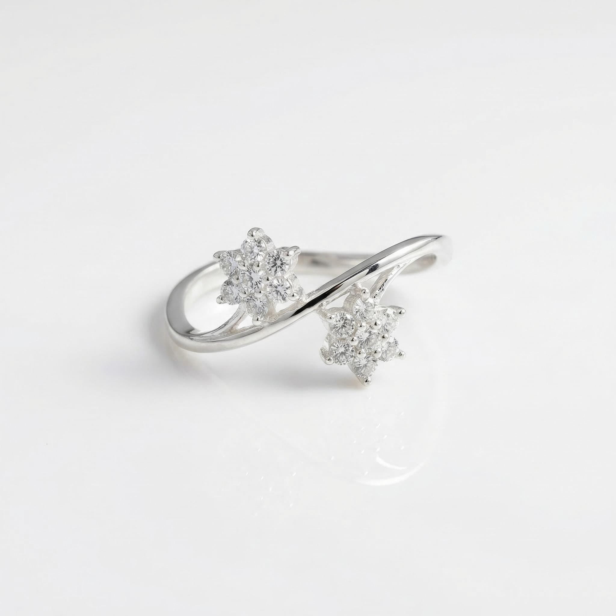 Sterling Silver Double Flower Ring, Cubic Zirconia Open Band, Dainty Floral Jewelry
