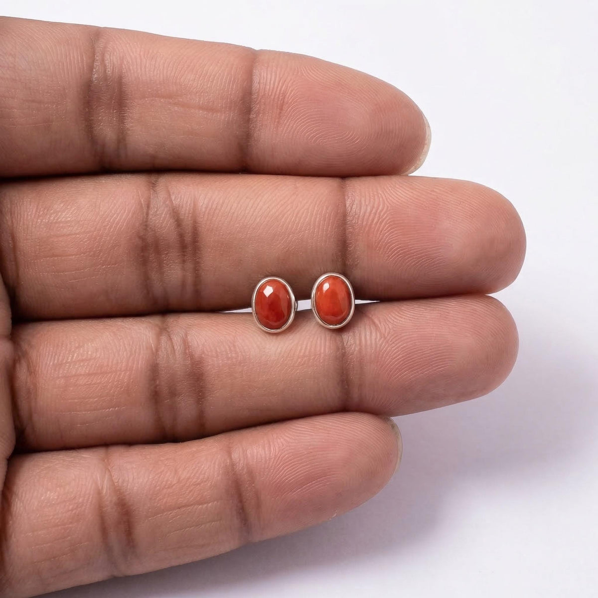 Red Coral Stud Earrings 925 Sterling Silver | Oval Gemstone Studs | January Birthstone | Minimalist Jewelry