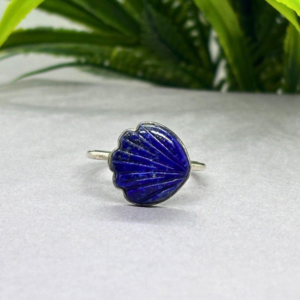 Lapis Lazuli Shell Ring: Carved Gemstone, Sterling Silver Boho Jewelry